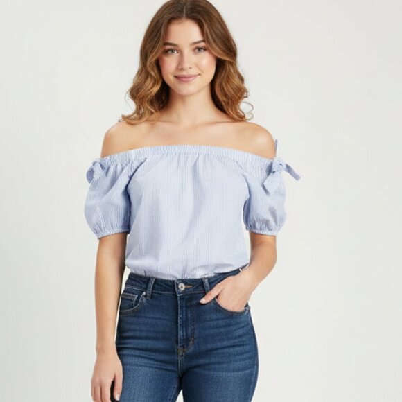 INC International Concepts Stripe Off the shoulder Blouse Top Bow Sleeve blue - Picture 1 of 13